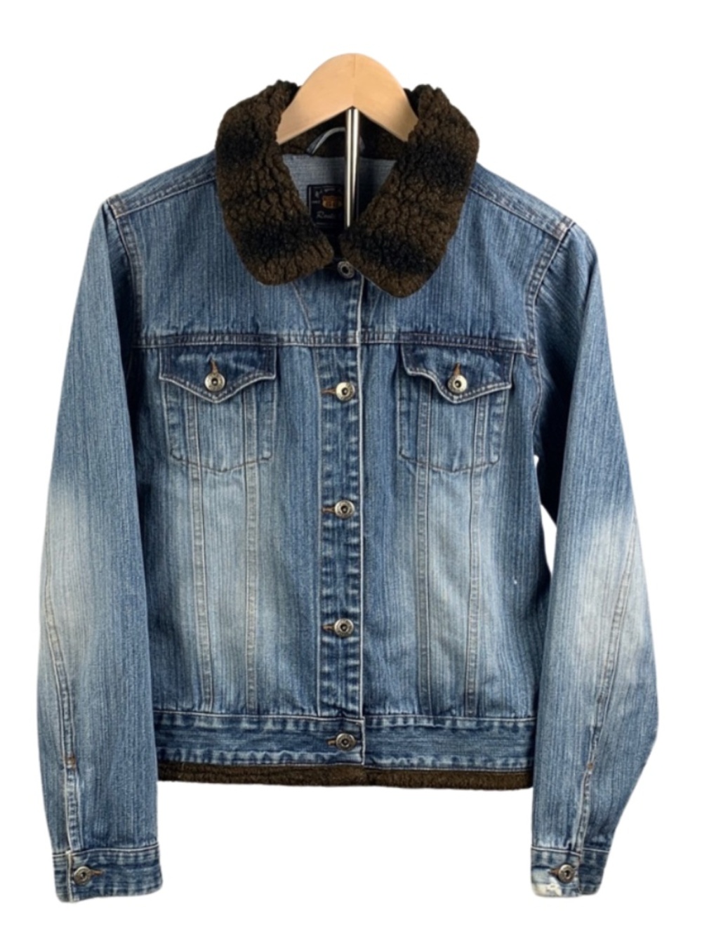 Blue Denim Jacket with Dark Brown Faux Fur Accents Women's M Vintage Retro Boho